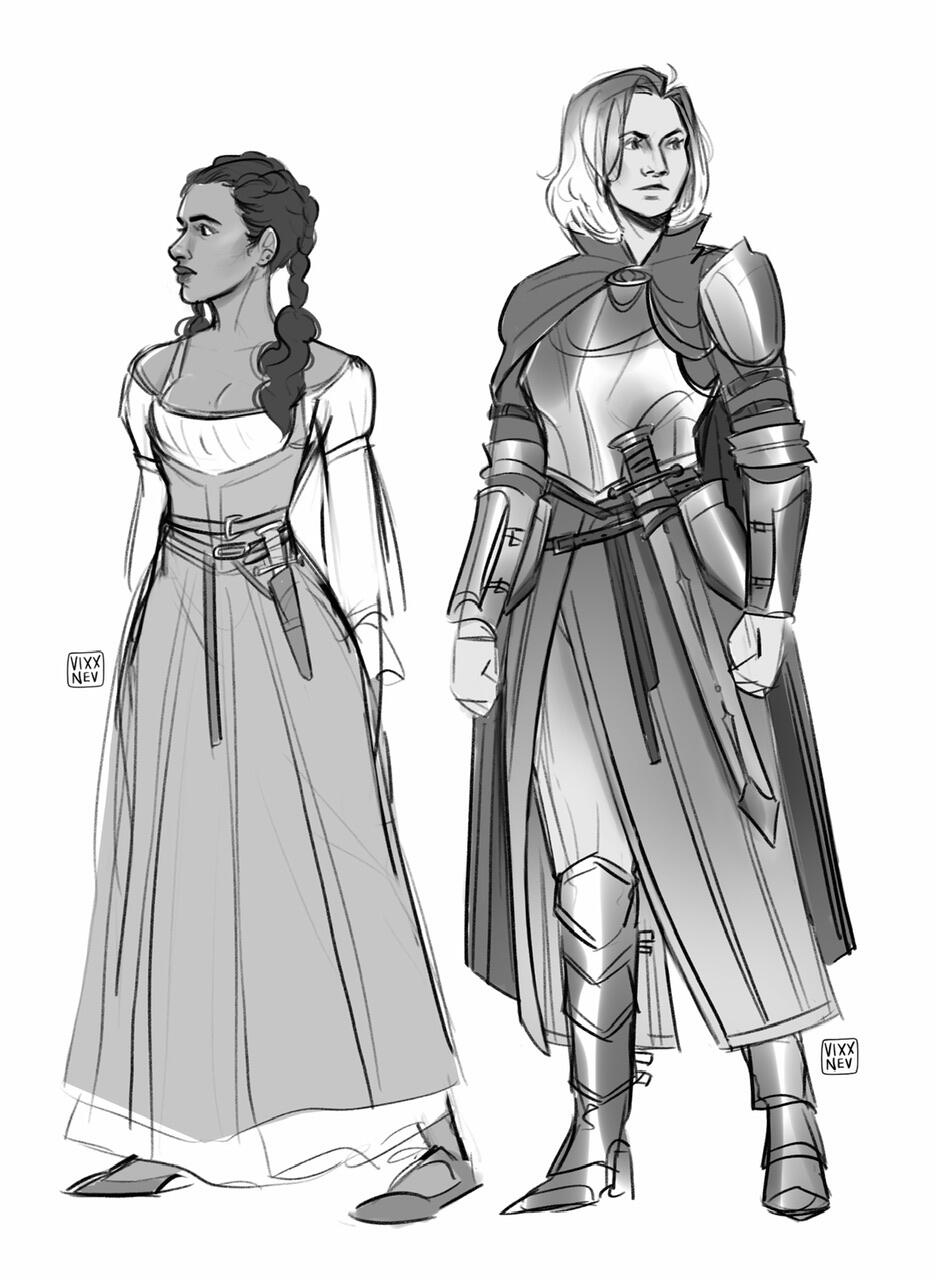 A concept sketch from a personal fan project imagining Doctor Who’s Thirteenth Doctor and companion Yasmin Khan in an Arthurian England alternative universe.