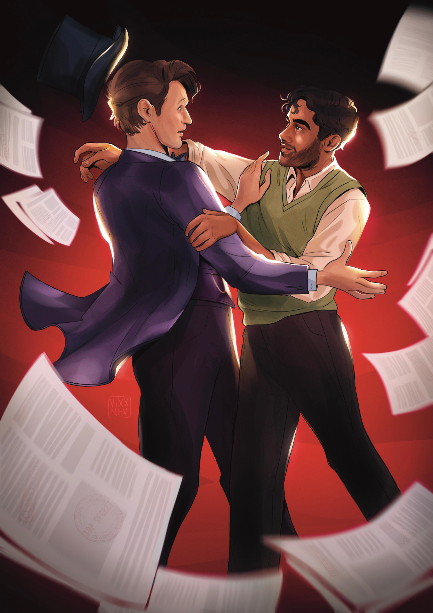 The Eleventh Doctor and Dhawan!Master collide in this artwork created for the Doctor Who fanzine project ‘The History Between Us’.