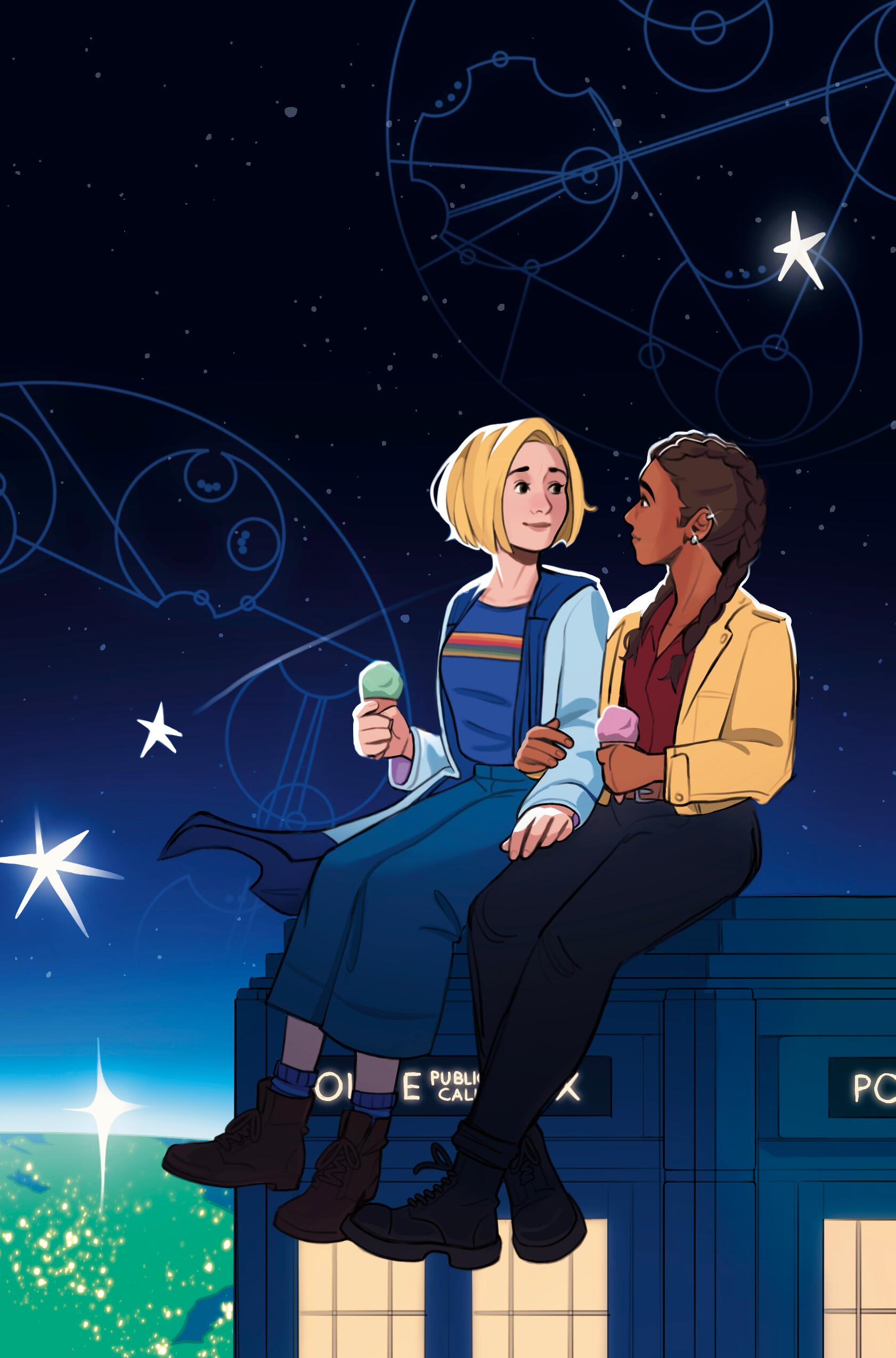 The Thirteenth Doctor and companion Yasmin Khan sit atop the TARDIS in this cover art created for the Doctor Who fanzine project ‘More of the Universe: Thirteen queer stories for Thirteen and Yaz’.