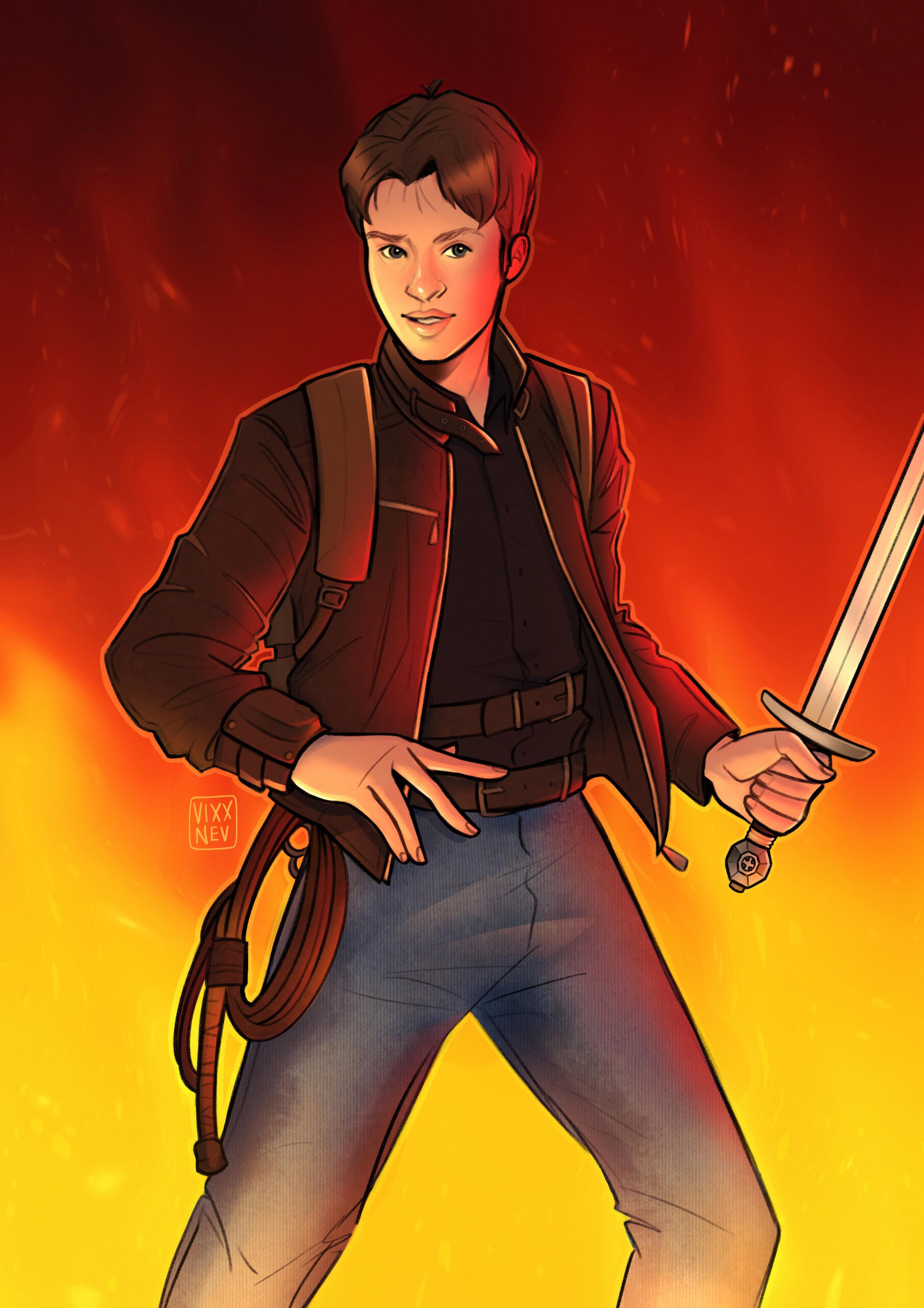 A commission portraying an explorer/hero wearing a beaten up leather jacket and wielding an ancient sword.