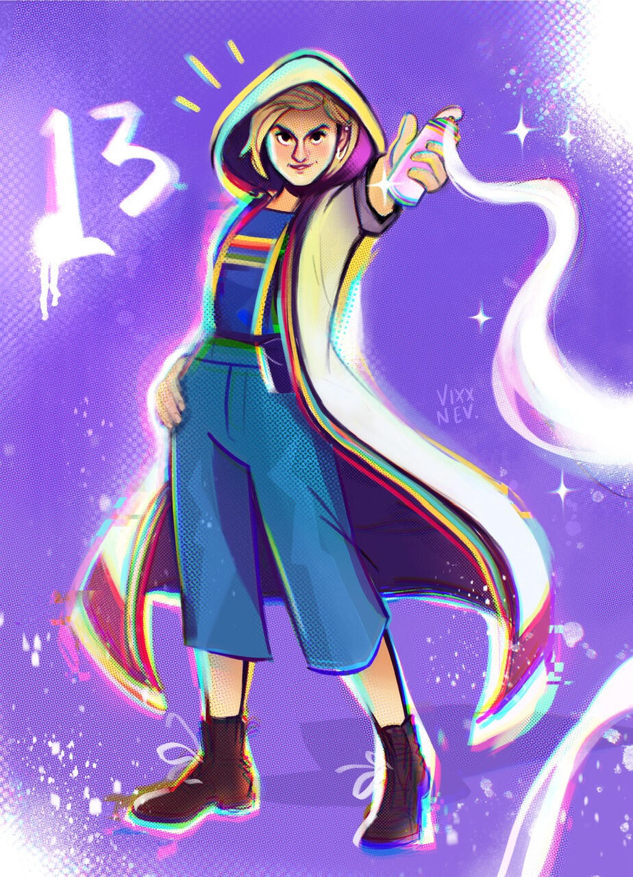 An ‘Into the Spiderverse’ inspired Doctor Who fan art of the Thirteenth Doctor.